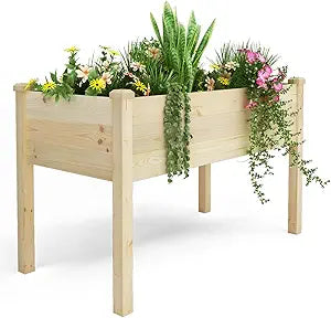 BIRASIL Outdoor Raised Garden Bed, Wood Planter Box for Vegetable Flower, Elevated Reinforced Large Garden Planters Boxes for Backyard Patio Gardening Balcony (48.5L, Natural Wood)