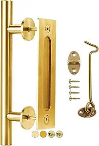 Rio Salto 12-Inch Gold Barn Door Handle Kit with Latch Lock Set Closet Brass Finish Pull Handle Flush Handles Hardware Large Sliding Door Handles 1-Door (Gold - 1Pack w/Lock)