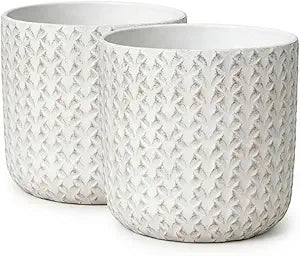 9.5 inch Outdoor Plant Pot Flower Planter for Indoor and Garden Plants with Drainage Hole, Round Pineapple Pattern Set of 2 (Off-White)