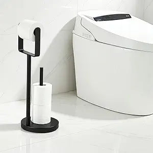 Free Standing Weighted Base Toilet Paper Holder Stand No Tipping,Floor Tissue Roll Holder for Bathroom Stand Alone,Stainless Steel Freestanding Toilet Paper Holder Stand,Black