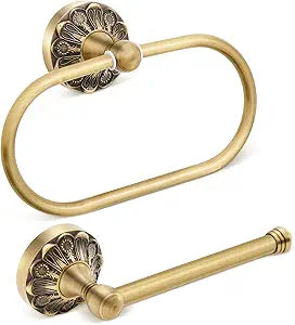 2 Pieces Set Antique Brass Toilet Paper Holder Retro Brass Hand Towel Ring Tissue Roll Paper Hanger Bathroom Hardware Wall Mounted Vintage Bathroom Accessories(Rectangle)