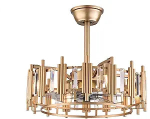 20" Champagne Gold Ceiling Fan with LED Light Remote control, 3-Speed Quiet Enclosed Fandelier Gold Caged Crystal Ceiling Fan Downrod Mount Industrial Metal Chandelier Fan 7 Invisible Blades