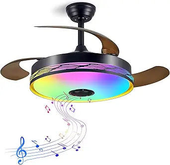 42'' Retractable Ceiling Fan with Light and APP/Remote Control, Fandelier Modern Smart Ceiling Fan with Bluetooth Speaker, RGB Color, 6 Speed, LED Dimmable&Memory, Reversible Fan, Black