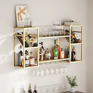 KaKaBB Metal Floating Bar Liquor Shelves 2 Tier, Wall Mounted Wine Rack with Glass Holder Storage, Wall Bar Shelf Wine Display Storage Holder for Kitchen Dining Room(Gold)
