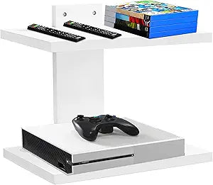 Floating Projector Wall Mount TV Shelf,Wooden Wall Mounted Under TV Floating Shelf for Projector, PS5, DVD Player,Game Console, Cable Box,2TiersWhite