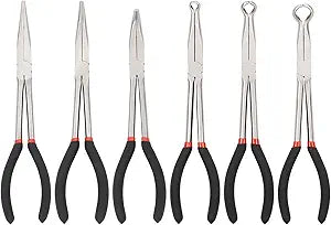 CASOMAN 6PCS 11" Extra Long Pliers Set, Include Extra Long Needle Nose Pliers Set (1"Long Nose Plier, 90&45 Bent Nose Pliers) & Non-slip Hose Gripper Plier Set(5/16", 1/2", 3/4" Dia)