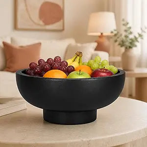 Concrete Fruit Bowl  Large Decorative Pedestal Bowl for Kitchen Counter, Entryway, or Coffee Table  Modern Catch  All Key Bowl  Heavyweight Centerpiece for Home Decor (Black)