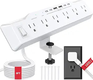 Desk Clamp Power Strip Surge Protector, 6 Outlets, Flat Plug, 1800J, 4 USB-C Ports (Any Port 35W), for Home & Office, Flame-Retardant PC-ABS Housing, Fits 1.96" Desk Edge, White
