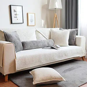 vctops Velvet Plush Sectional Couch Covers Super Soft Solid Sofa Cover Striped Non Slip Sofa Slipcovers Luxury Thick Furniture Protector for Dogs Cats Pet (Cream Stripe,43"x63")
