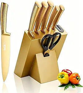 Luxury Gold Kitchen Knife Set,8-Piece Titanium Coated Dishwasher Safe Gold Chef Knife Set,Wooden Block with Built-In Sharpener Housewarming Gift for Kitchen Decor