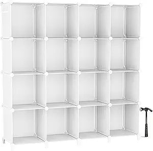 Neprock 16 Cubby Storage Organizer, Closet Clothes Storage Organizer, Cube Shelves Closet Organizers and Storage Shelves for Clothing Storage with Hammer, Bookshelf for Kids (White)