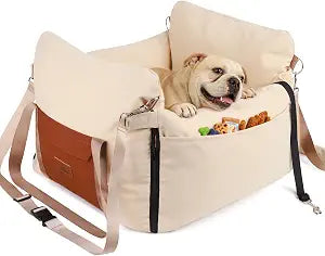 Dog Car Seats for Small Dogs, Waterproof Puppy Car Seat with Side Handles and Large Pockets, Clip-On Safety Leash and PP Cotton Filling, Pet Booster Seat for Small Dog up to 25lbs (Apricot)