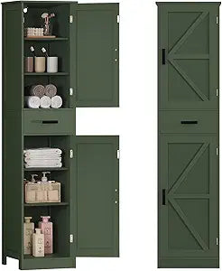 TEENFON Tall Bathroom Cabinet, Storage Cabinet with 6 Shelves & Drawer, Bathroom Storage Cabinet with Adjustable Shelves, Tall Cabinet for Living Room, Home Office, Green