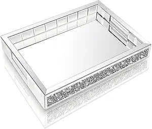 Wocred Mirror Jewelry Organizer fits Dresser Bedroom,Crushed Diamond Bathroom Tray with Handles,Perfume Tray,Decorative Serving Tray for Coffee Table Decor(11x15x2)