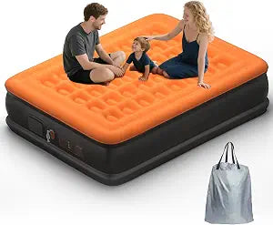 Queen-Size Air Mattress with Built-in Pump, Comfortable Waterproof Flocked Surface Inflatable Mattress for Temporary Family Stays and Travel, 16-Inch Inflatable Mattress Inflates in 3 Minutes