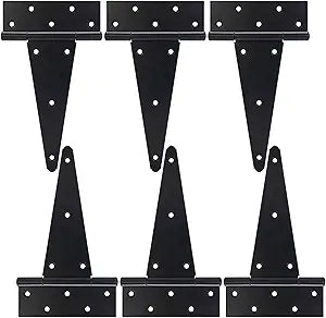 10 Inch T-Strap Gate Hinges, Heavy Duty Shed Door Hinges, Black Tee Hinges for Wooden Fences, Yard Gates, Rustproof Wrought Iron Hardware, 6 Pack