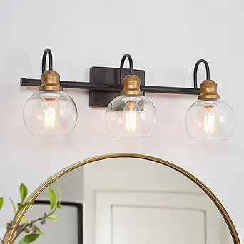 KSANA Farmhouse Bathroom Light Fixture, Modern Black Gold 3-Light Vanity Light with Opening Clear Glass Shade, Modern Antique Brass Wall Lamp Over Mirror