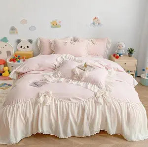IHOUSTRIY Duvet Cover Full Size, Ruffle Beddding Set with Bowtie, 3 Pieces Comforter Cover Set with Zipper Closure, Girl Princess Bedding with Pillowcase - Light Pink, Full