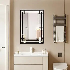 BEAUTME 29x20 Inch Black Metal Wall Mirror with Shelf, Rectangular Chinese Style Decorative Mirror, Rustproof Wall Mounted Mirror for Bathroom Vanity Entryway Living Room