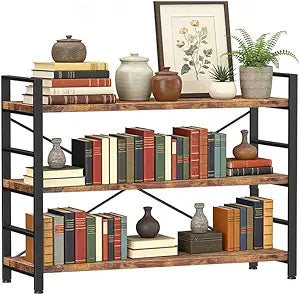 Bookshelf 3 Tier Bookcase Home Office Bookshelves with Height-Adjustable Wooden Board,Storage Organizer for Garage Kit,CDs,Movies,Books,in Bedroom,Living Room,Kitchen,Vintage