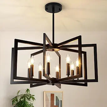Bairth 8-Light Black Chandelier, Farmhouse Dining Room Light Fixture, Modern Chandelier, Geometric Industrial Metal Hang Lighting Fixture for Foyer Entryway Kitchen Over Table Hallway Living Room