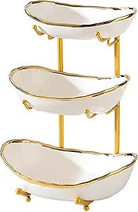 XUDREZ 3 Tier Fruit Bowl for Kitchen Counter with Metal Stand, Ceramic White Gold, Tiered Fruit Basket for Nuts, Snacks, Bread, Candy Storage (White A)