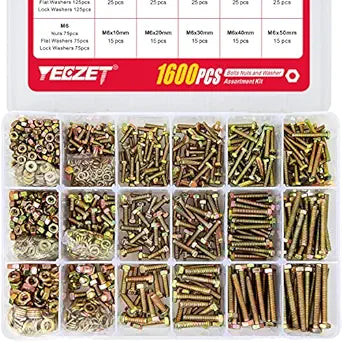 1600PCS M4 M5 M6 Grade 8.8 Heavy Duty Bolts and Nuts Flat & Lock Washers Assortment Kit Includes 15 Most Common Sizes
