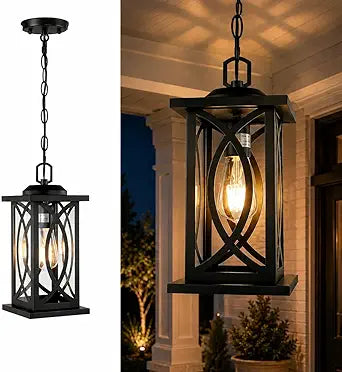 Outdoor Pendant Light, Farmhouse Hanging Lantern Light Fixture with Clear Glass Shade, Matte Black Exterior Pendant Lighting for Porch, Patio, Entryway, Balcony, Gazebo