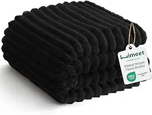 HIMEET Fleece Black King Size Blanket for Bed - 300GSM Ribbed Soft Cozy Bedding Blanket, House Warming Gifts New Home, Luxury Bedroom Decor Throws, 108x90 Inches