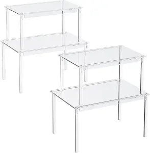 Delamu Cabinet Shelves, Clear Stackable Acrylic Storage Risers with Heavy Duty Support, Cabinet Organizer Shelf for Spices, Seasonings, Jars, Pantry, Kitchen Counter, Easy Assembly