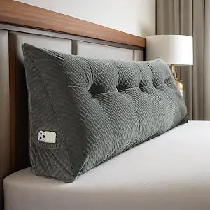 Triangular Headboard Pillow with Removable Cover & Side Pockets, Twin Bed Wedge Pillow for Headboard, Daybed Sitting Backrest Reading Pillow Bolster Cushion for Bed Support, Gray