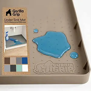 GORILLA GRIP Waterproof Silicone Under Sink Mat with Raised Lip for Kitchen and Bathroom, 34 x 22 in, Cabinet Shelf Liner Stay in Place Mats Dishwasher Safe Drawer Liner, Organizer Tray, Beige