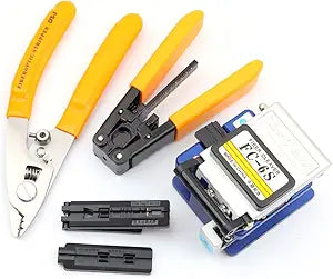 FTTH optical fiber tool kit with 36000 cutter FC-6S and optical fiber drop cable optical fiber stripper CFS-3 stainless steel Adjustable openin three-port hole optical fiber cold connection (5 in 1)