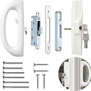 Patio Sliding Door Handle Set with Mortise Lock, Perfect Replacement Sliding Door Handle with Key Lock Fits Patio Doors, Only Fit 1-1/2" to 1-3/4", 3-15/16" Screw Hole SpacingWhite