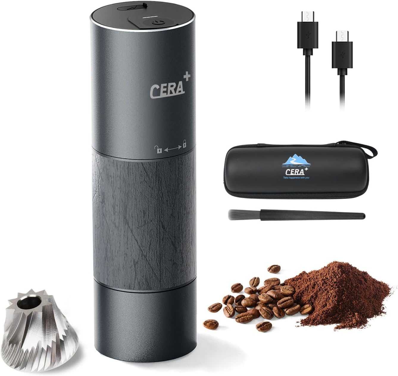 CERA+ Portable Coffee Bean Grinder,Electric Coffee Grinder,Coffee Grinder with 90 Precise Grind Setting,Auto Stop & One-Button,Burr Coffee Bean for Espresso,Pour-Over, French Press Moka, with Bag