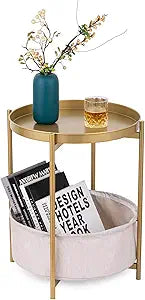 Round Side Table with Fabric Storage Basket, Metal Nightstand with Removable Tray Top, for Living Room, Bedroom, Nursery, Bathroom