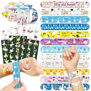 96 PCS Silly Goose Party Favors Set ï¿½ï¿½ï¿½ 72 Pre-Cut Temporary Tattoos & 24 Slap Bracelets for Kids, Fun Goose-Themed Birthday Party Supplies, Classroom Rewards & Silly Celebration Decor