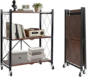 BAOYOUNI 3-Tier Vintage Industrial Bookshelf - No Assembly Folding Storage Shelf with Woodgrain Finish | Collapsible Metal Bookcase for Living Room, Office & Bedroom