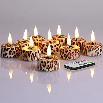 Eywamage Leopard Flameless Tealights with Remote Batteries, Flickering Cheetah LED Tea Votive Candles Set of 12