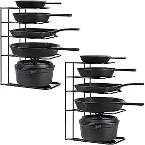 Toplife 2 Pack Heavy Duty Pan Organizer, 5 Tier Pot and Pan Organizer Rack for Cast Iron Skillets, Griddles and Pots - Sturdy Steel Construction- No Assembly Required - Black