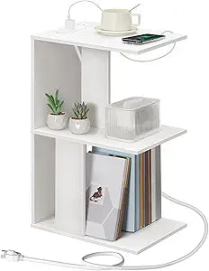 MAHANCRIS End Table with Charging Station, C-Shaped Narrow Side Table with LED Light, White Nightstand with Storage, Narrow Bedside Table for Small Spaces, End Tables Living Room, Bedroom, ETWT18E01Z