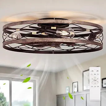 SHLUCE 23.6" Caged Ceiling Fan with Light Flush Mount, Farmhouse Low Profile Ceiling Fans with Lights and Remote, 6 Speeds Rustic Large Bladeless Ceiling Fan with Light for Bedroom, Living Room