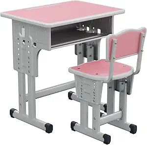 Cantonape Kids Desk and Chair Set, Height Adjustable, with Metal Hook Storage Drawer for Boys Girl Study Home School, Pink