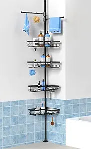 KEGII Black Shower Caddy Tension Pole with 2 Towel Bars, Adjustable Corner Bathroom Organizer, Rustproof Bathtub Storage Shelves for Shampoo, 25114.2 Inch Shower Corner Rack for Renters & Family