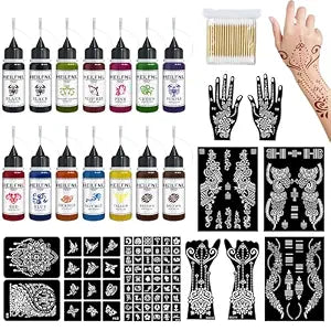 Temporary Tattoo Kit, 14 Bottles Colors Tattoo Ink with 75 Tattoo Stencils