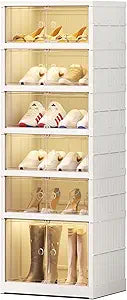 EHAMILY 6 Tier Foldable Shoe Rack Organizer for Closet 6-12Pairs Plastic Collapsible Shoe Racks Shelf Stackable Clear Folding Shoes Storage boxes for Small Spaces Narrow Shoe Storage Cabinet