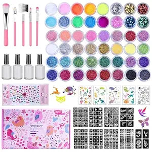 Temporary Glitter Tattoo Kit for Kids & Adults, 48 Glitter Colors, 209 Stencils, 4 Glues, 5 Brushes, 5 Glow Tattoos, Safe &Waterproof Body Art Face Paint for Birthday Party Supplies Halloween Carnival