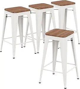 Changjie Furniture Bar Stools Industrial Counter Height Bar Stools Stackable Backless Barstools Set of 4 for Kitchen (26 inch, White)