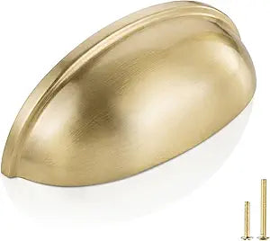 QOGRISUN 10-Pack Solid Brass Cabinet Bin Pulls,Gold Cup Drawer Dresser Handles,3-Inch Hole Center,Kitchen Cupboard Konbs Hardware, Brushed Brass Finish