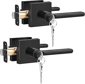 HOSOM 2 Pack Entry Exterior Door Handle, Black Door Handle with Lock and Key, Modern Doors Lever Heavy Duty Reversible Door Lock for Front Entrance Commercial and Residential Area